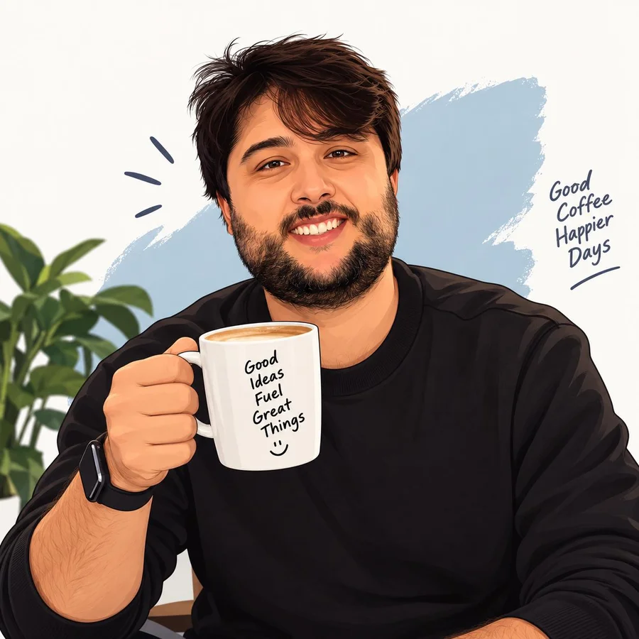 Illustration of Ricardo holding a coffee mug